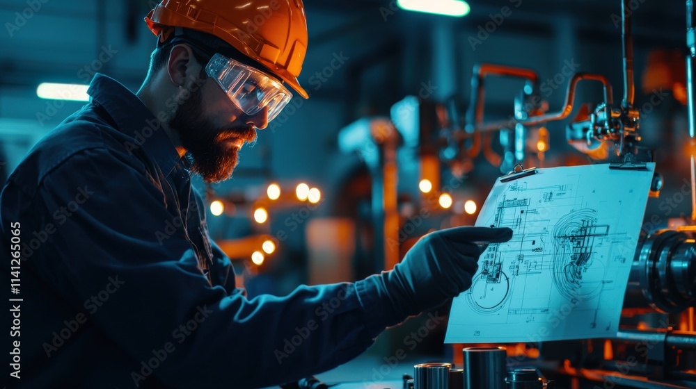 Poster a mechanical engineer inspecting a hydraulic motor setup with a schematic diagram pinned nearby