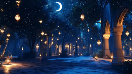 Nighttime Pathway Illuminated by Hanging Lanterns and Crescent Moon