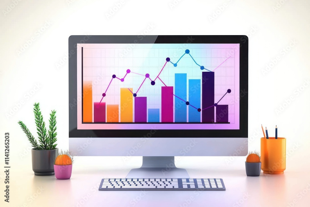 Poster digital artwork of vibrant growth graph on computer screen with soft lighting