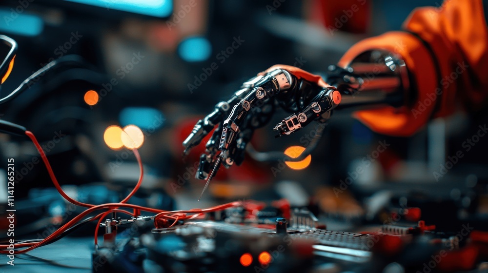 Poster a highly detailed robotic chassis under assembly, with tools and partially connected wiring visible