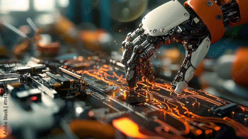 Aufkleber a highly detailed robotic chassis under assembly, with tools and partially connected wiring visible