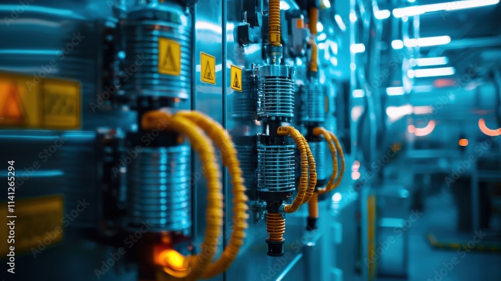 Aufkleber a high-voltage transformer surrounded by warning signs and brightly colored cables in a testing faci