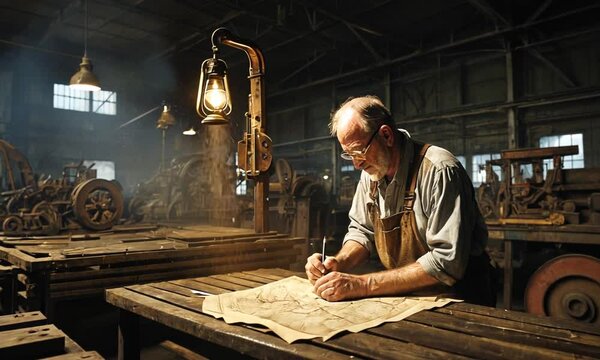 Engineer Draftsman in Workshop: A portrait of a focused engineer meticulously drafting blueprints under the warm glow of a lamp in a vintage industrial workshop, surrounded by machinery.