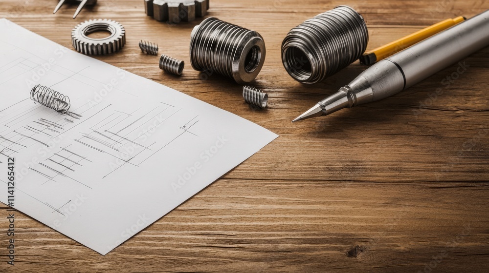 Aufkleber a flat lay featuring gear prototypes, technical notes, and drafting tools on a polished wooden table