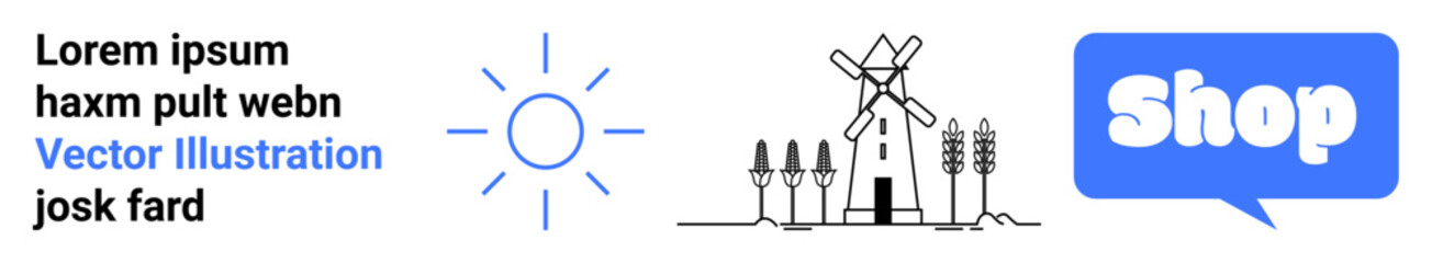 Black and white farm scene with a windmill, trees, crops, and a simple sun icon in blue. A blue speech bubble with the word Shop is also present. Ideal for e-commerce, agriculture, weather, nature