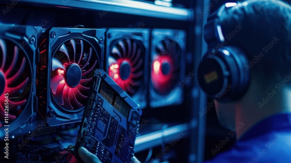 Poster A computer engineer testing a high-performance GPU in a sleek, hypermodern lab setup