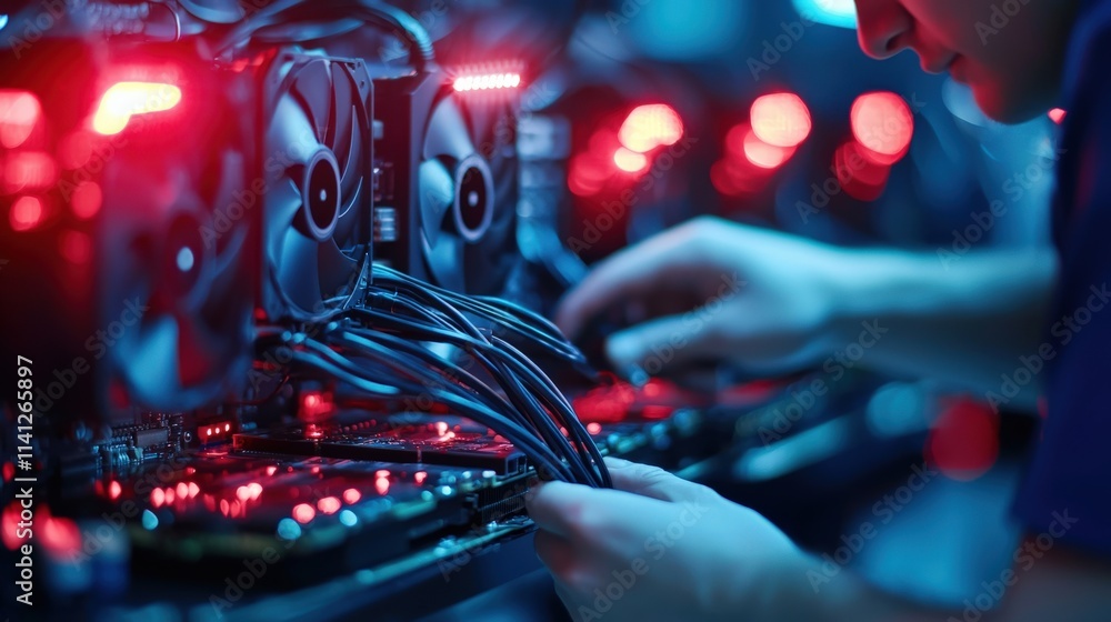 Poster a computer engineer testing a high-performance gpu in a sleek, hypermodern lab setup