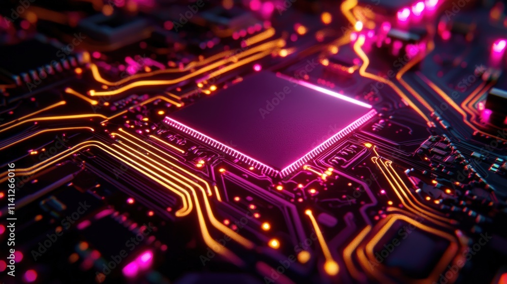 Aufkleber A close-up of a microchip with intricate circuits illuminated by neon lighting