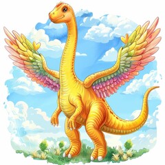 Fototapeta premium A vibrant, winged dinosaur stands in a sunny landscape, featuring colorful wings and a cheerful expression against a blue sky.