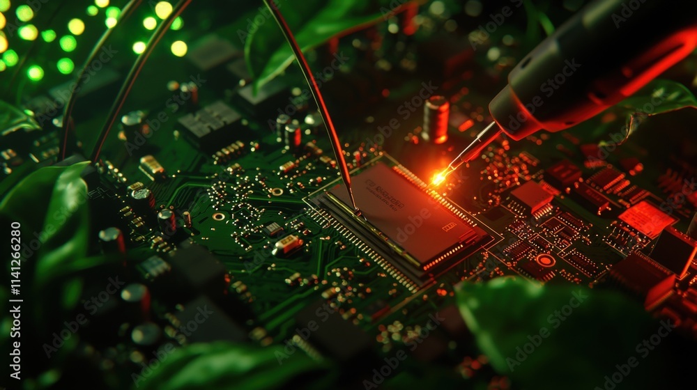 Poster A circuit board being soldered by an engineer with hyperdetailed tools and wires scattered around