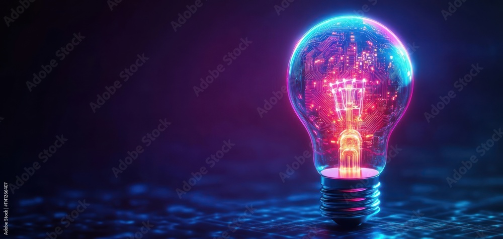 Poster glowing light bulb with intricate circuit patterns in cyberpunk style on dark blue background
