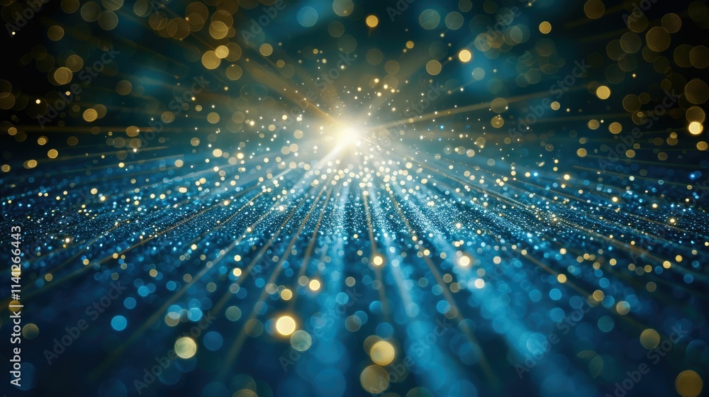 Poster a vibrant, abstract image showcasing beams of light and shimmering particles creating a dynamic, cos