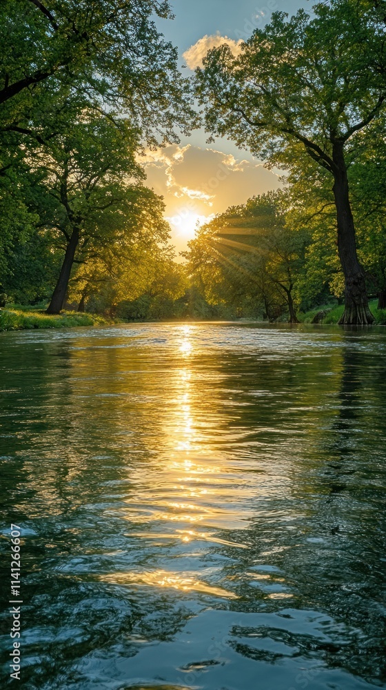 Poster sunset with rays over river flanked by trees.