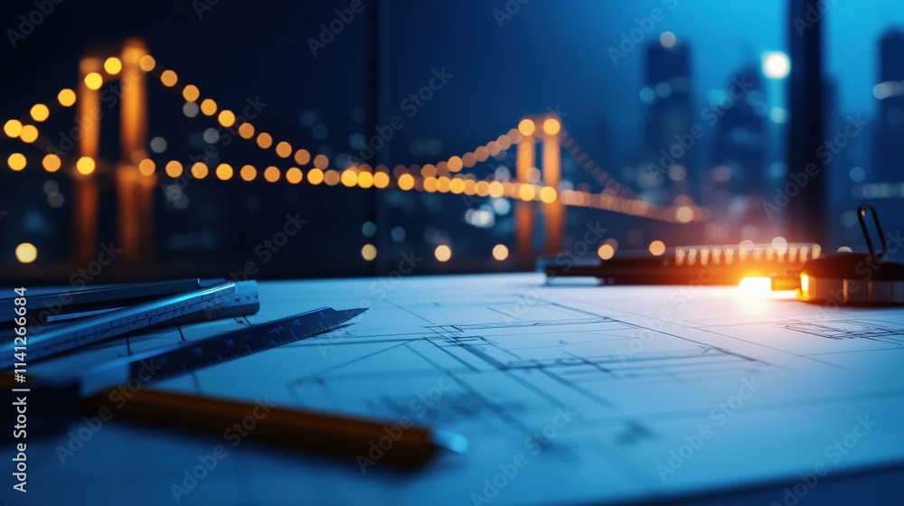 Aufkleber A bridge design blueprint with annotations and rulers neatly placed on a drafting table