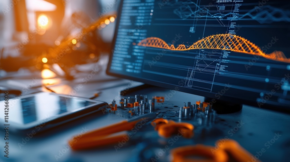 Leinwandbilder A CAD software interface displaying a 3D model of a bridge design, with a tablet and tools beside the workstation