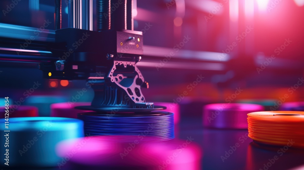 Poster a printer creating a detailed mechanical part, surrounded by spools of colorful filament