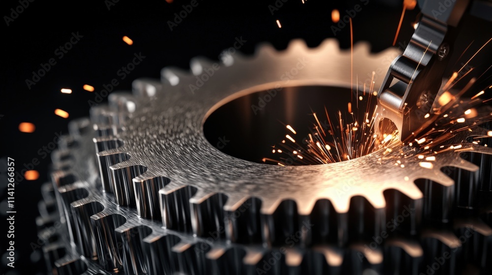 Poster a cnc machine producing a metallic gear, with sparks flying and detailed textures of the cutting pro