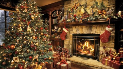 Festive Christmas Living Room Decorated With Tree And Fireplace