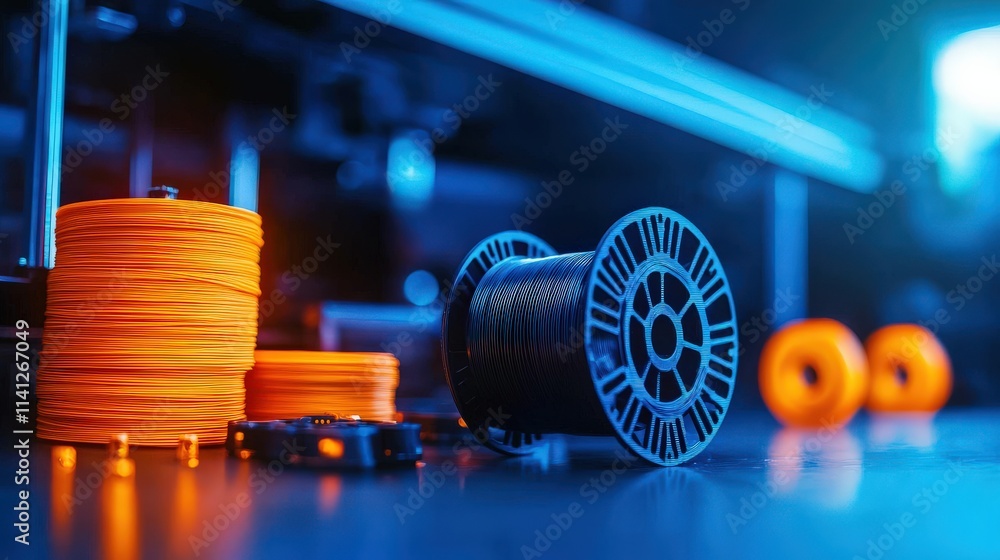 Poster a printed motor casing displayed alongside raw spools of filament and a modern printer