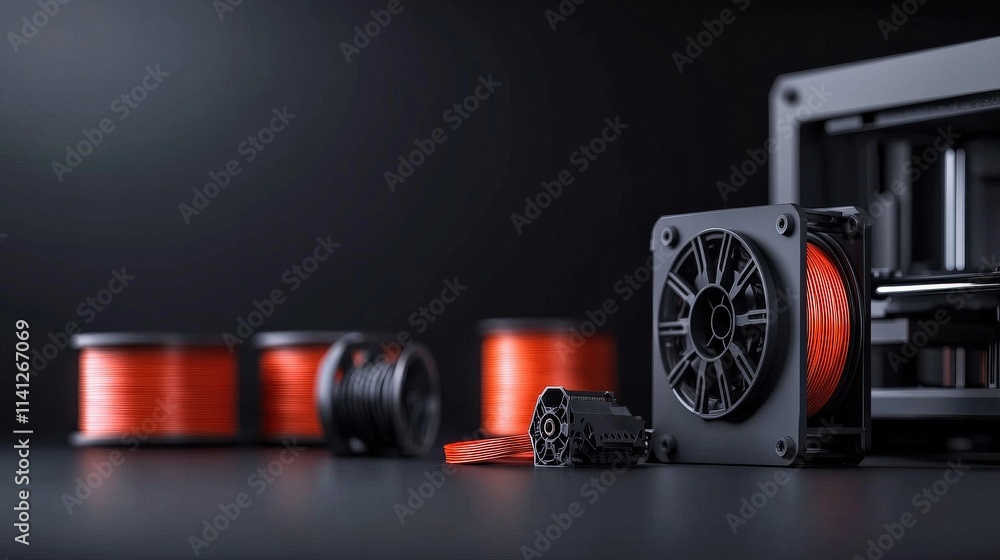 Aufkleber a printed motor casing displayed alongside raw spools of filament and a modern printer