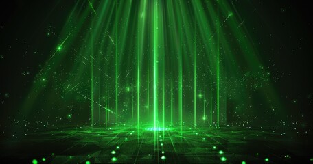 A vibrant green light display with beams and particles creating a futuristic atmosphere.