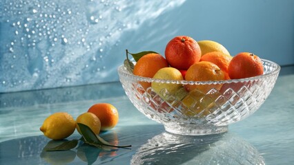 Vibrant citrus fruits, including oranges, lemons, and mandarins, fill a beautiful crystal bowl placed on a wet table, with water droplets creating a refreshing backdrop