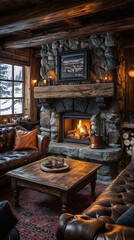 Cozy rustic living room with a stone fireplace and warm decor.