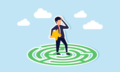 A businessman stands on a maze holding a star, illustration of confusion in designing strategies to improve business ratings and quality