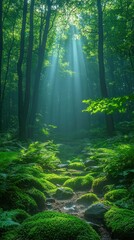 Obraz premium A serene forest scene with sunlight filtering through trees, illuminating lush greenery.