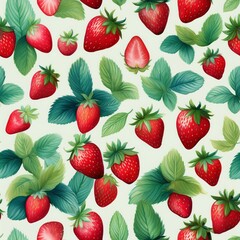 水彩風いちごとミントのシームレスパターン4