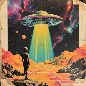 retro style collage, UFO and alien in space