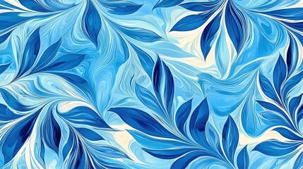 Fototapeta premium A vibrant blue abstract pattern featuring swirling leaves and flowing shapes, creating a calming and artistic visual effect.