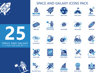 Space and Galaxy dual tone icons pack, contain moon, planet, asteroid, orbit, astronaut, space ship, rocket and more. Related to education and technology theme. use for UI, UX, app, web development.