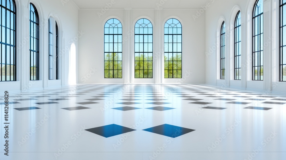 Poster spacious room with large windows and patterned floor design.