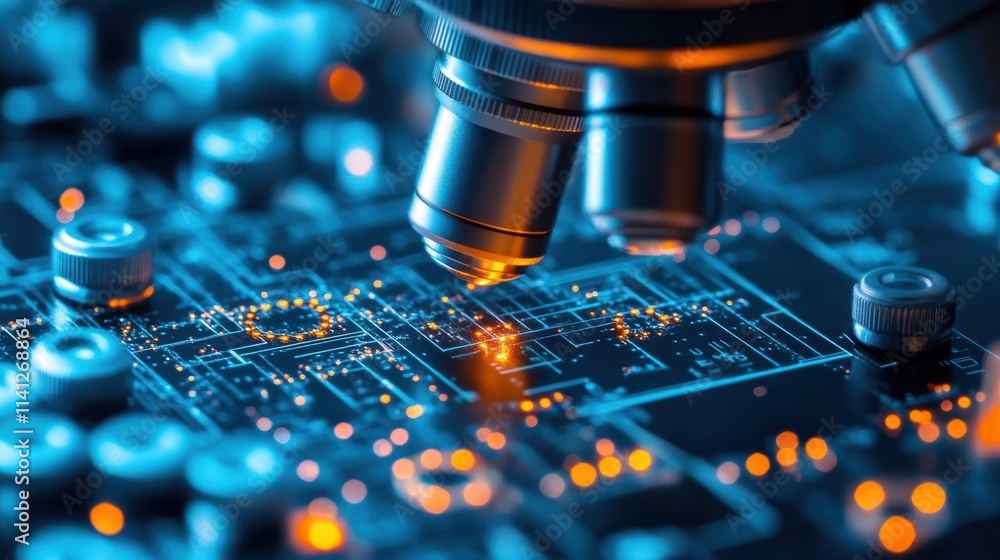 Poster an intricate microfluidic chip with aidriven sensors positioned under a microscope lens with glowing