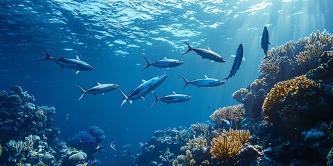 Fototapeta premium Coral Reef Fish School Ocean Wildlife Scene