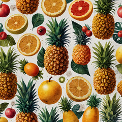 A bright and playful arrangement of tropical fruits like pineapples, bananas, and mangoes, each with detailed textures and vibrant colors.