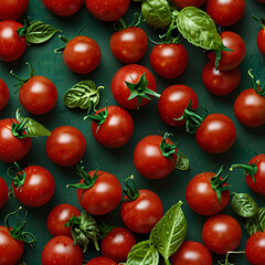 A fresh and vibrant design featuring clusters of cherry tomatoes in bright red and basil leaves in vivid green.
