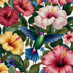 A delicate design featuring vibrant hummingbirds in shades of emerald green, blue, and pink, hovering near small, colorful flowers like hibiscus and petunias.