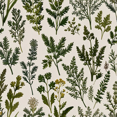 A collection of small herbs like thyme, parsley, and dill, illustrated with soft green tones and delicate details.