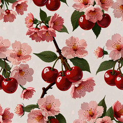 A combination of ripe cherries in deep red and delicate cherry blossoms in soft pink, with fine details on both the fruit and flowers.