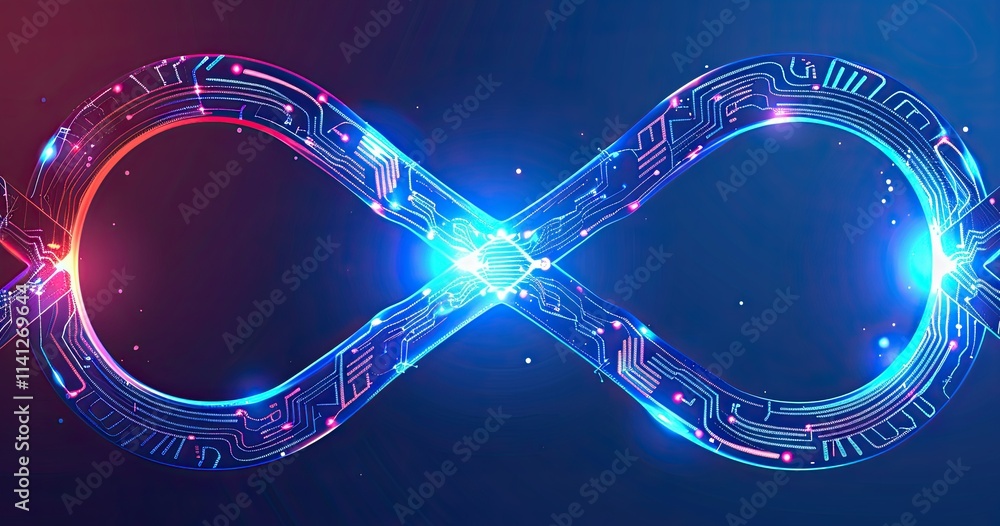 Poster a digital infinity symbol with circuit patterns and glowing accents, representing technology and con