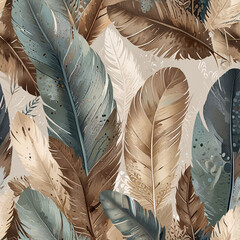 A scattered collection of bird feathers in soft earthy tones like beige, gray, and pale blue, with intricate detailing on the textures and shapes.
