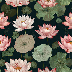A serene pattern featuring floating lotus flowers in soft pinks and whites, with delicate green lily pads.