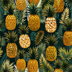 A tropical pattern featuring small pineapples in golden yellow and green, combined with palm fronds in various shades of green.