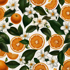A vibrant and fresh pattern featuring whole oranges, orange slices, and small white orange blossoms with green leaves.