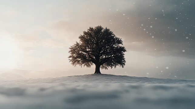 Lonely leafless tree in snowy field evokes a sense of solitude during winter