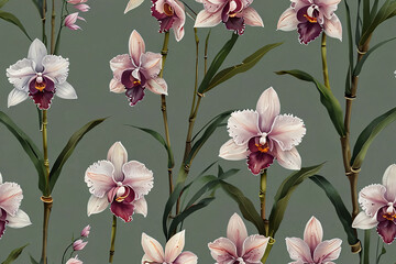 Beautiful orchid flowers in shades of white, light purple, and soft pink, arranged in a loose, flowing pattern. 
