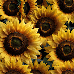 Large, bright sunflowers with golden yellow petals and deep brown centers, arranged in a random but balanced pattern. The white background provides a fresh contrast, making the flowers stand out boldl