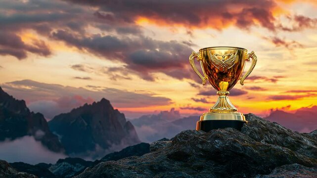 The golden trophy with the sunset on the top of the mountain